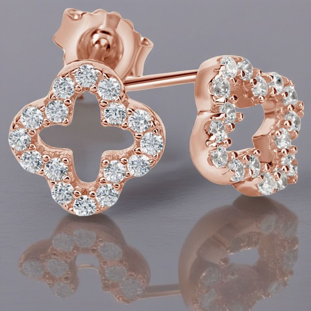 Suzy Levian Cubic Zirconia Rose Sterling Silver Clover Stud Earring